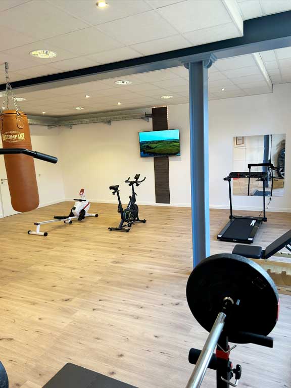 Fitnessraum-Fahrradtrainer-Gewichte-Boxsack